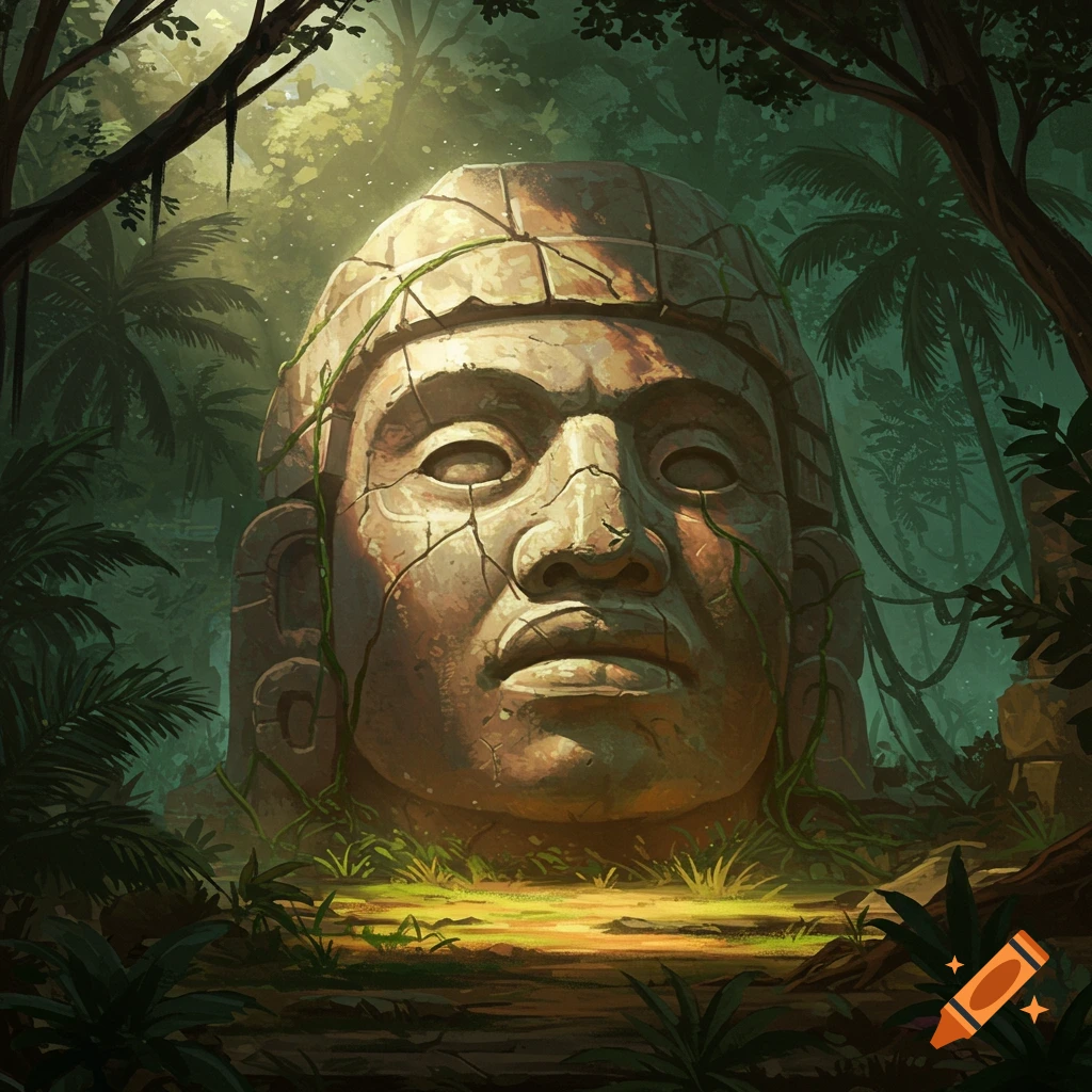 A large, ancient Olmec-style stone head statue overgrown with vines, illuminated by sunlight in a lush, green jungle.