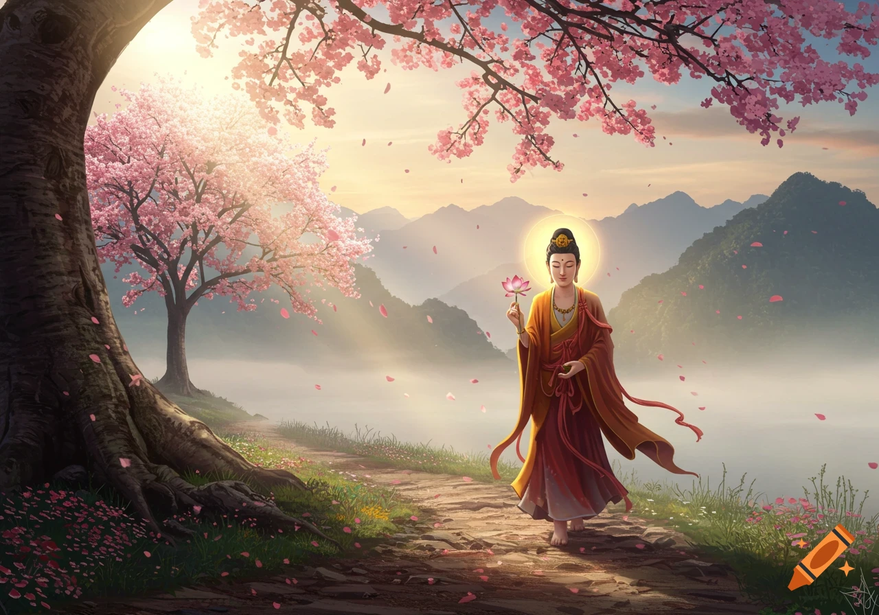 A serene spiritual figure resembling a Bodhisattva walks a path under blooming cherry blossom trees with mountains in the misty background, holding a lotus flower.