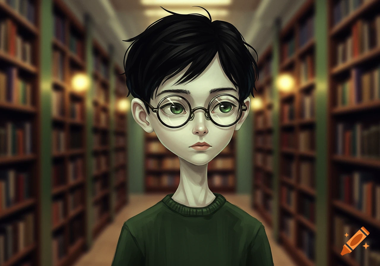 Illustration of a young boy with black hair and round glasses in a library.