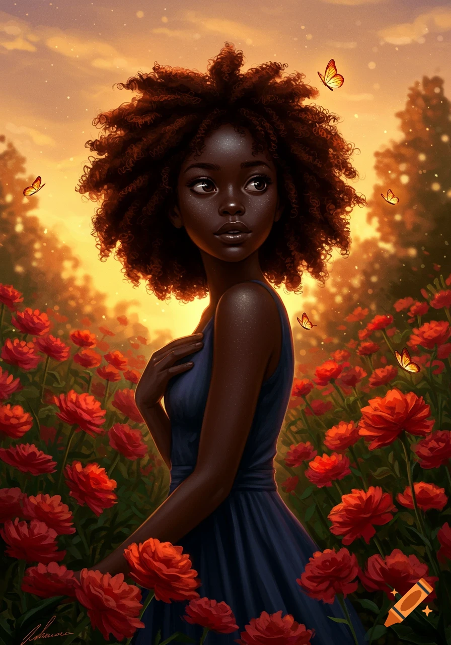 A dark-skinned woman with voluminous curly hair stands in a field of red flowers under a golden, glowing sky with butterflies. Illustrated in a painterly style.