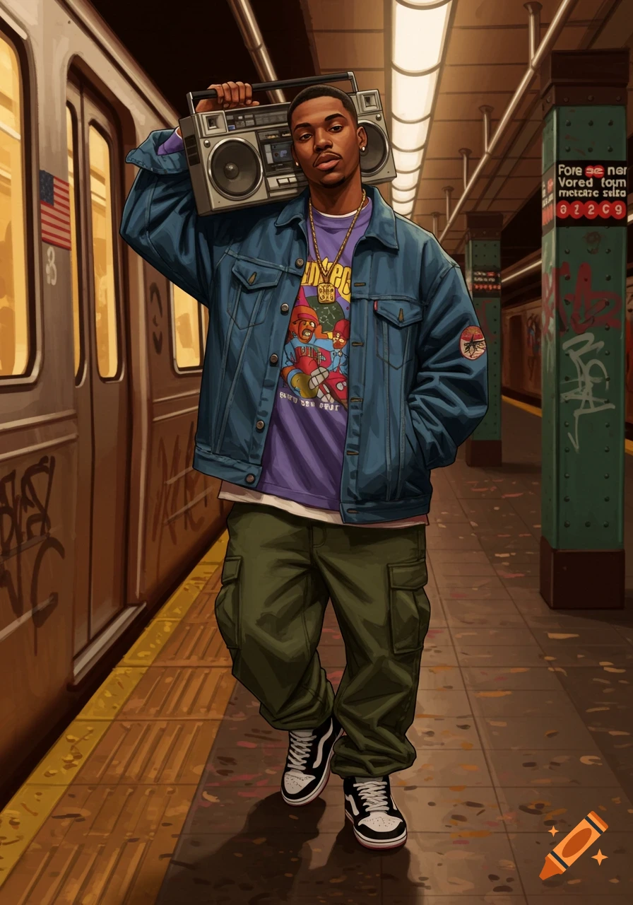 A stylish young man in a denim jacket and cargo pants carries a boombox on his shoulder in a 90s-style subway station, in an illustrated style.
