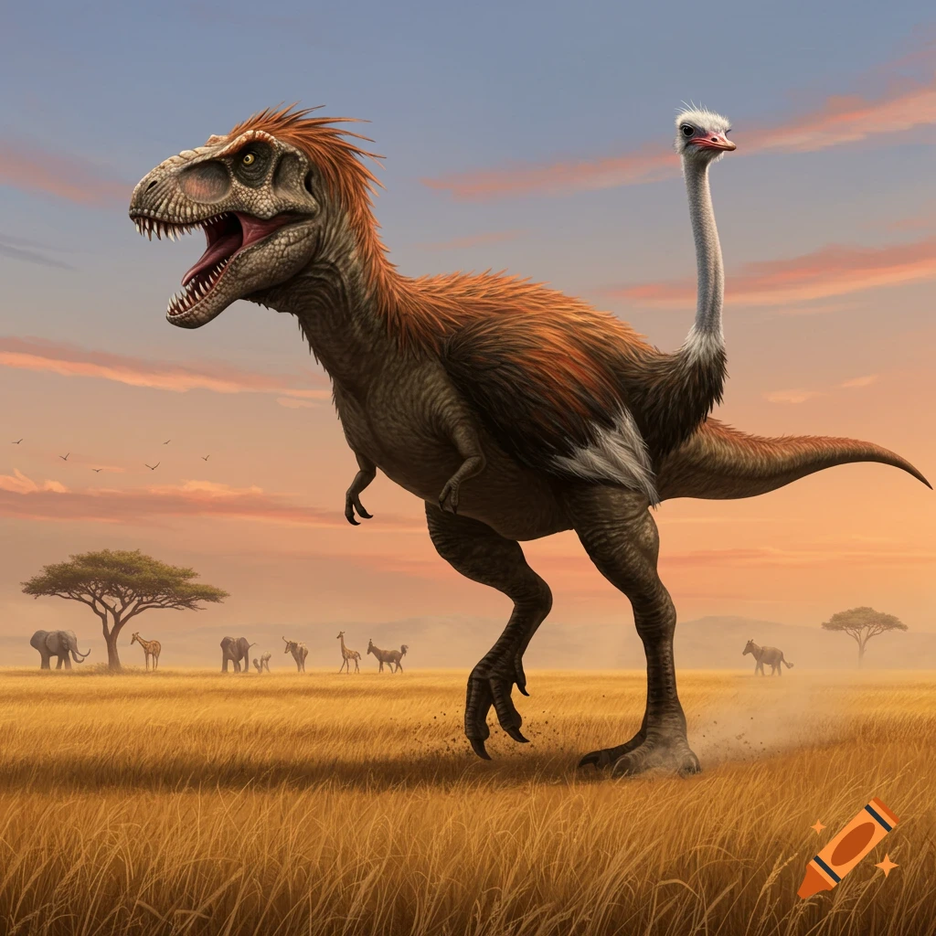 A feathered T-rex with an ostrich head and neck stands in a golden savanna with other animals at sunset, photorealistic style.