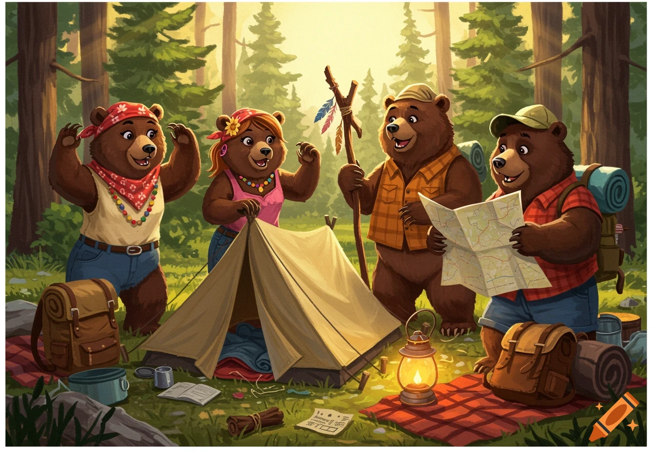 Four cartoon bears are camping in a sunny forest, with two bears setting up a tent and two looking at a map.