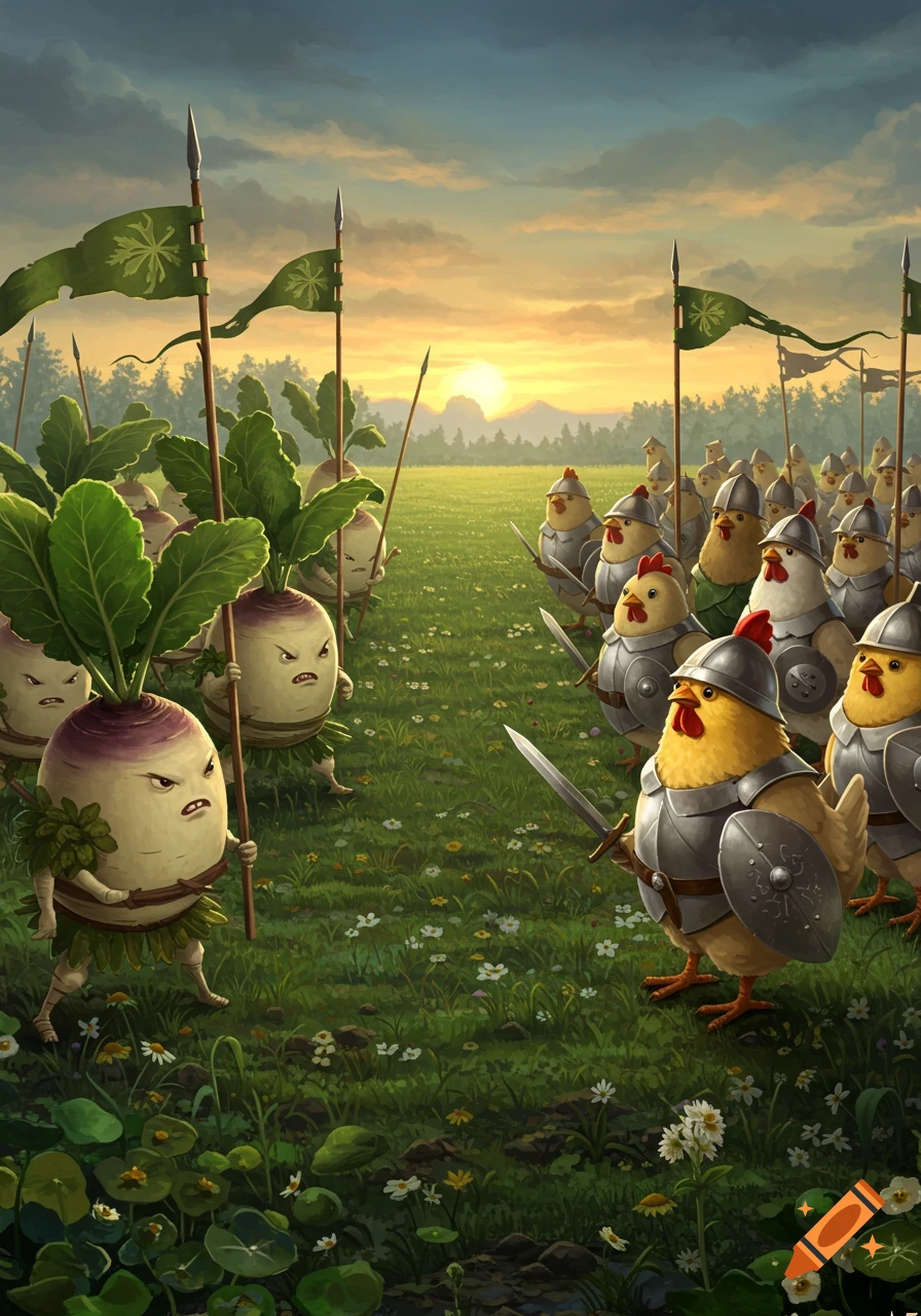 Cartoon battle scene with an army of anthropomorphic turnips facing an army of armored chickens in a grassy field at sunset.