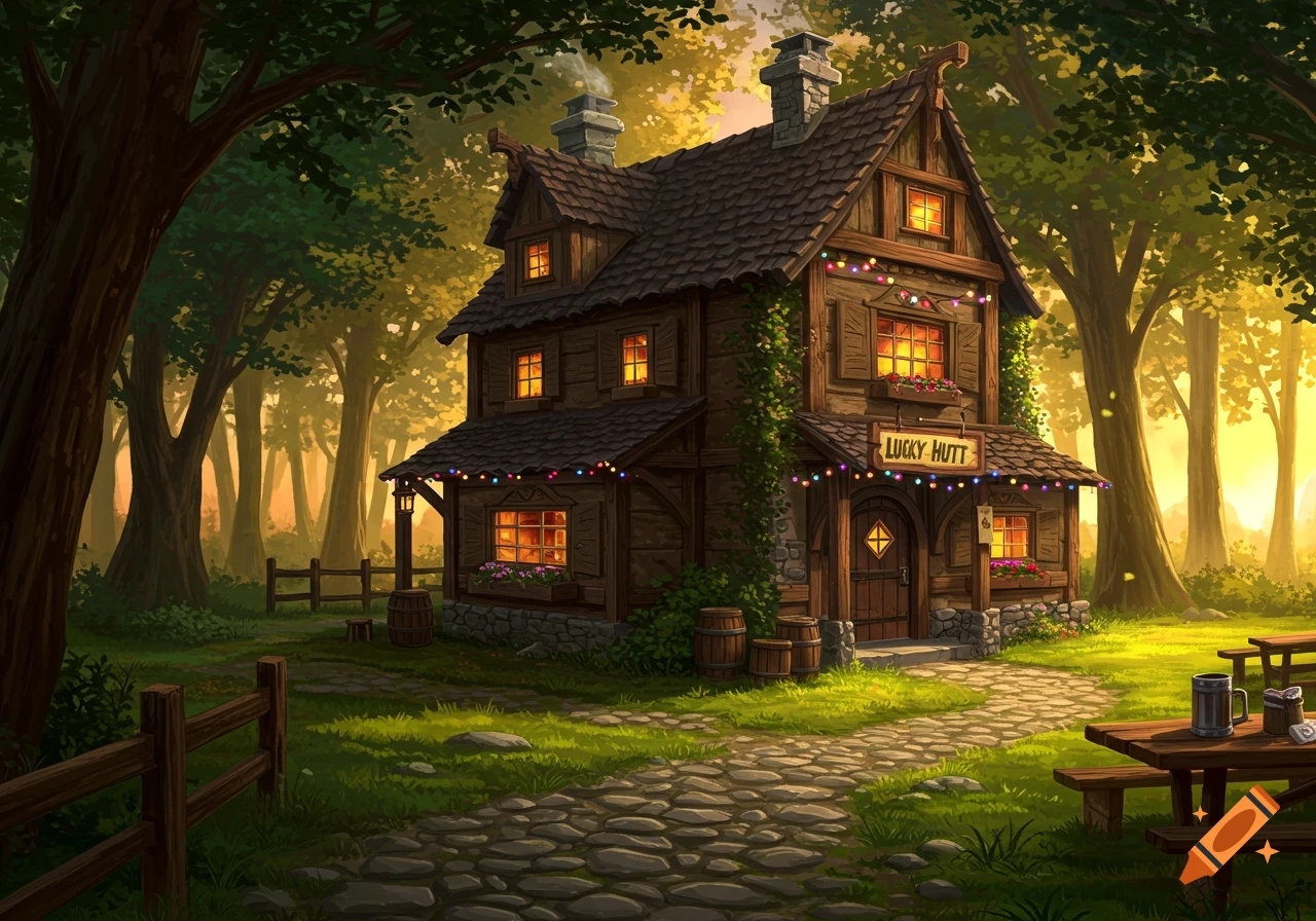 A cozy fantasy cottage with glowing windows and a 'Lucky Hutt' sign, surrounded by a lush forest path in warm, golden light.