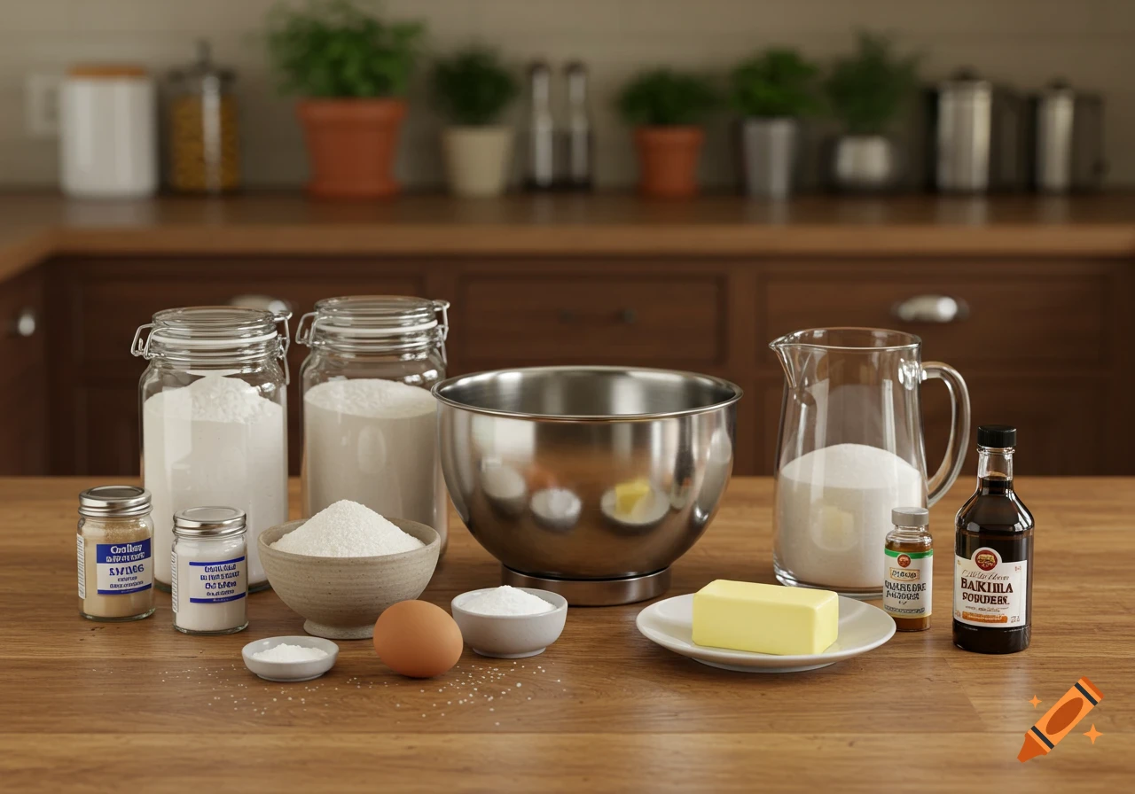 Baking ingredients like flour, sugar, butter, an egg, and vanilla extract are arranged on a wooden kitchen counter.
