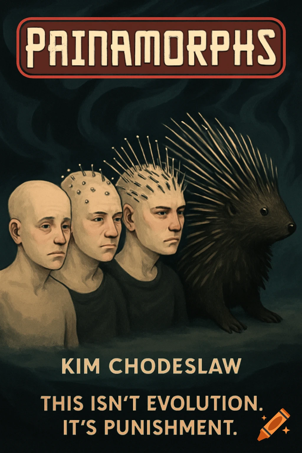 A dark fantasy book cover titled 'Painamorphs' showing three men progressively transforming into a porcupine.