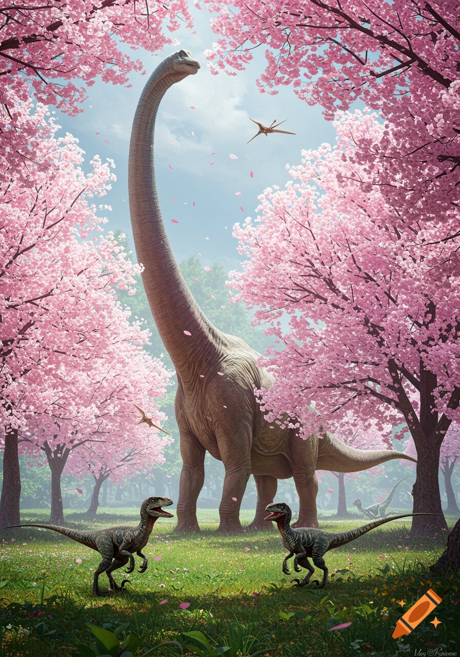 A large Brachiosaurus, two velociraptors, and a pterodactyl among vibrant pink cherry blossom trees in a lush green forest with falling petals.