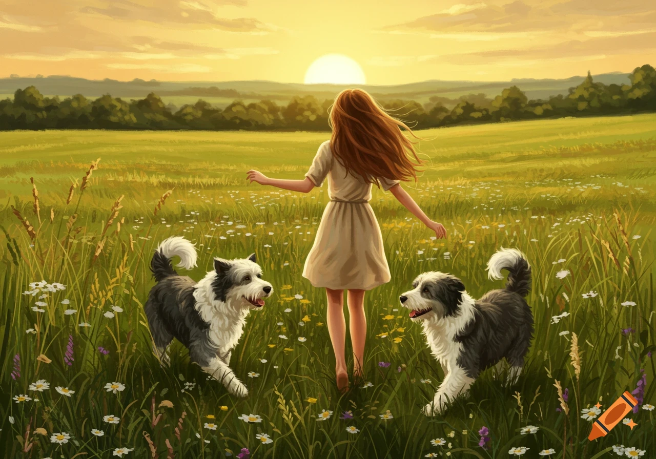 Illustrated scene of a girl and two sheepdogs walking through a green field with wildflowers at sunset.