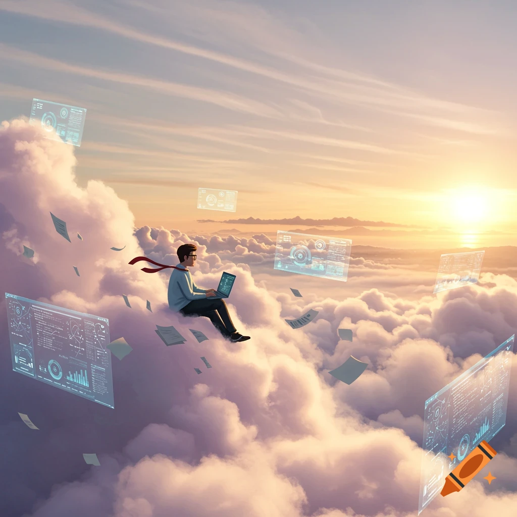 A man sits on a cloud, typing on a laptop, surrounded by floating holographic screens and papers, with a sunset in the background.