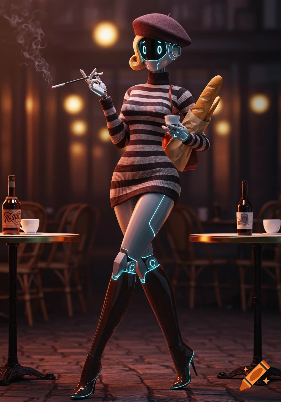 A sleek, Parisian-inspired robot in a striped dress and beret smokes a cigarette at a dimly lit cafe, holding a coffee and baguette.