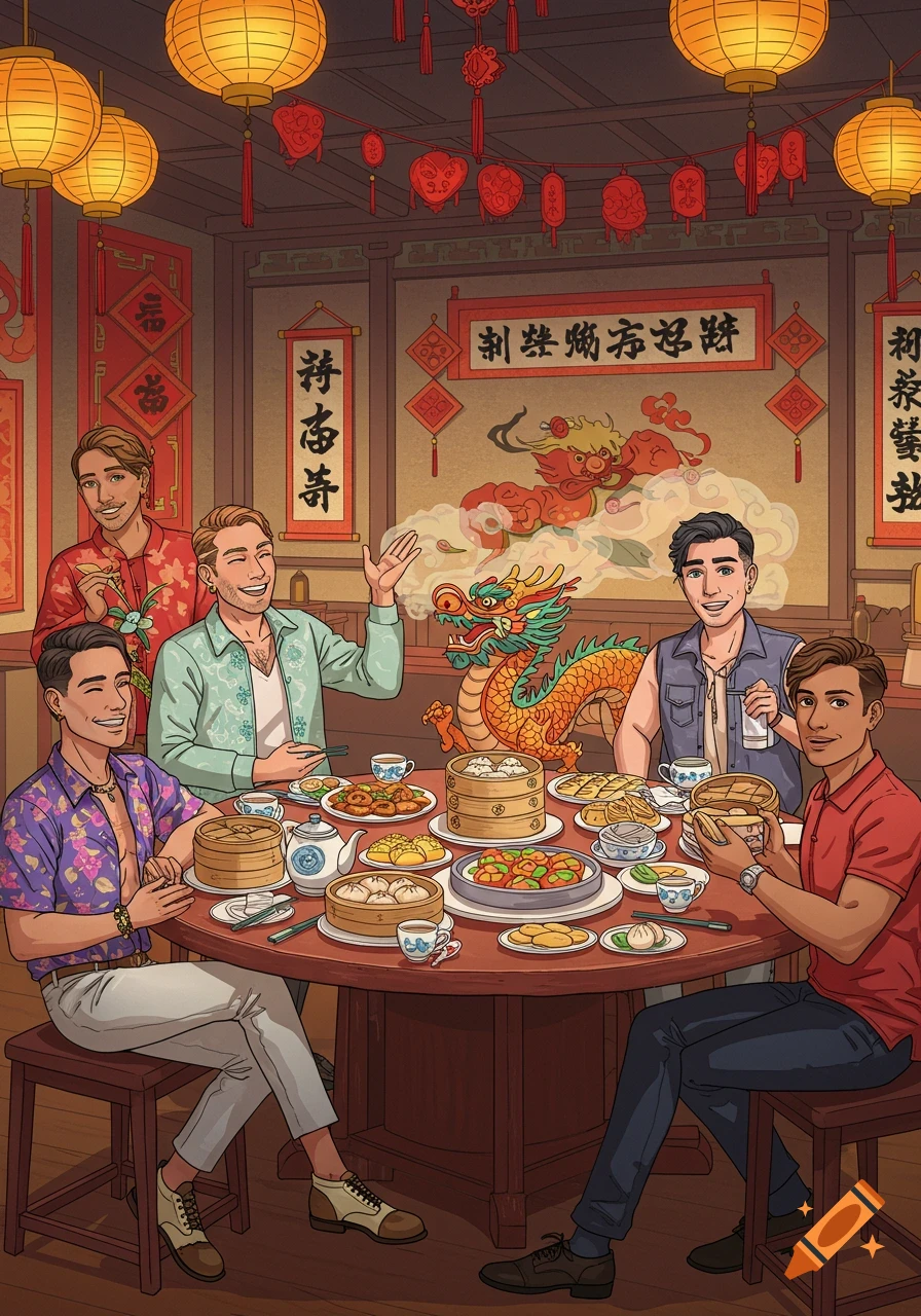 Cartoon of five smiling men enjoying a Chinese birthday dinner with a dragon decoration in a restaurant filled with lanterns.