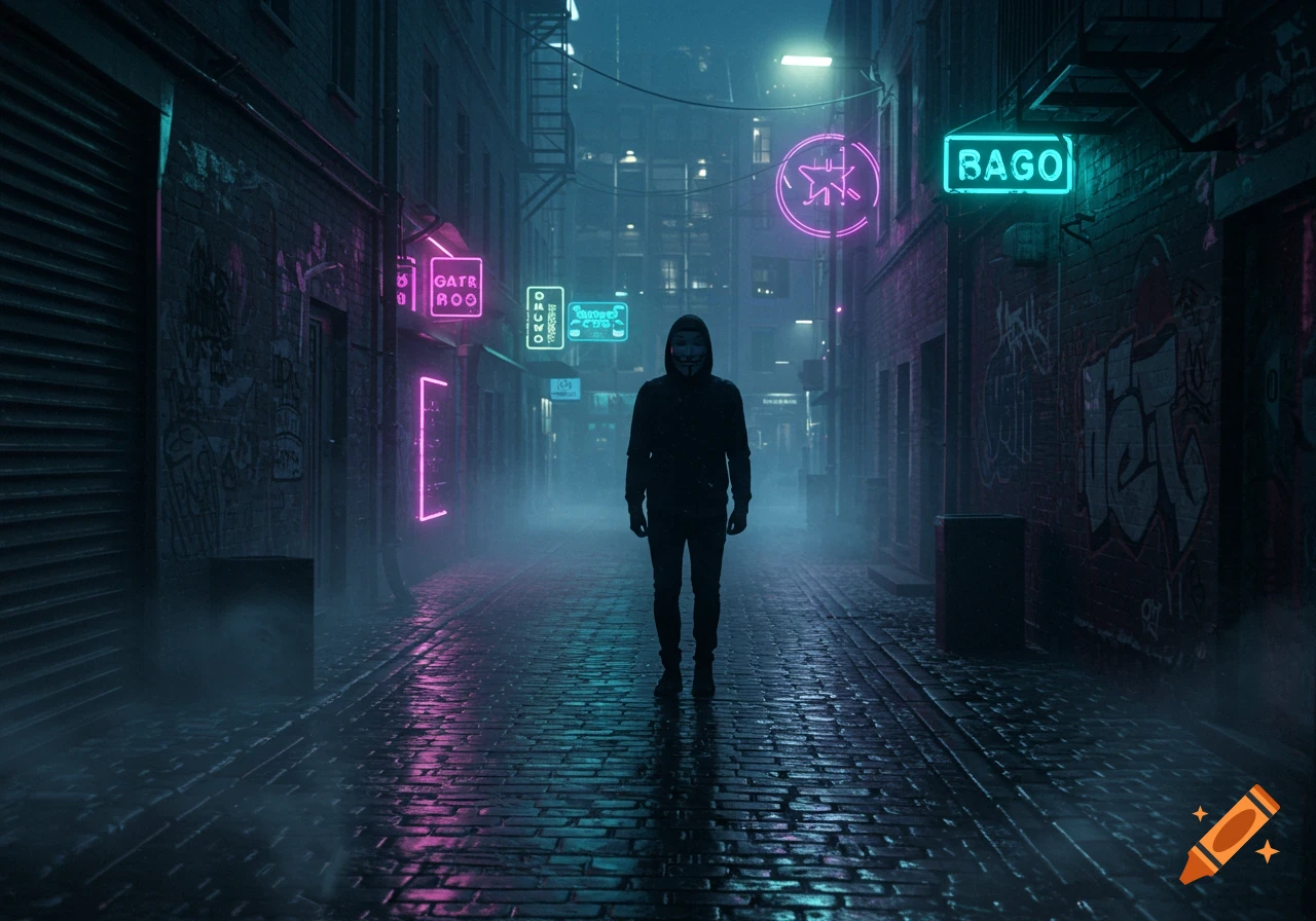 A person in an Anonymous mask stands centrally in a misty, neon-lit cyberpunk alley with wet cobblestone and reflective surfaces.