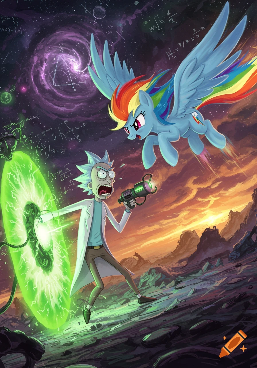 Rick Sanchez, holding a portal gun next to a glowing green portal, screams at Rainbow Dash, who flies towards him in a vibrant cosmic landscape with equations.