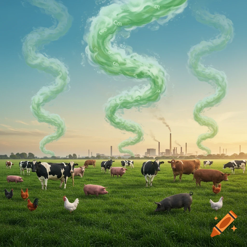 Farm animals and factories emit green CO2 plumes into a blue sky, illustrating climate change.