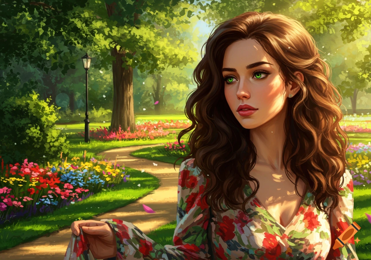 A beautiful woman with long brown wavy hair and green eyes, wearing a floral dress, standing in a sunny park with flowers and trees.