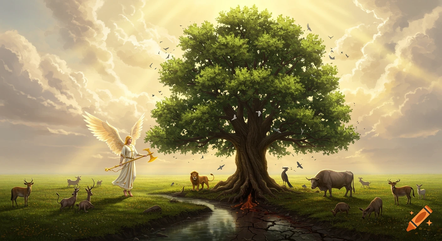 Angelic figure with golden axe stands by a colossal tree with a river and animals under a dramatic, golden sky.