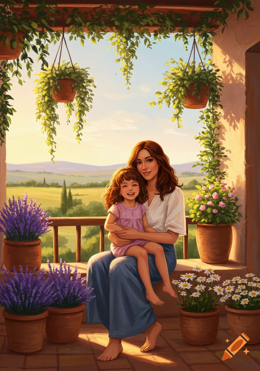 An illustration of a mother holding her daughter on a sunny balcony, surrounded by potted plants, overlooking a scenic landscape.