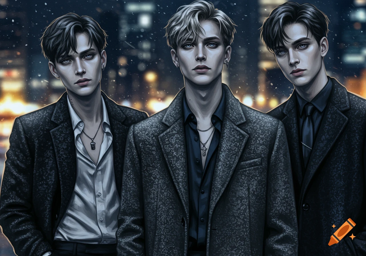 Three stylized young men with sharp features and fashionable dark suits stand in falling snow against a blurry night cityscape.