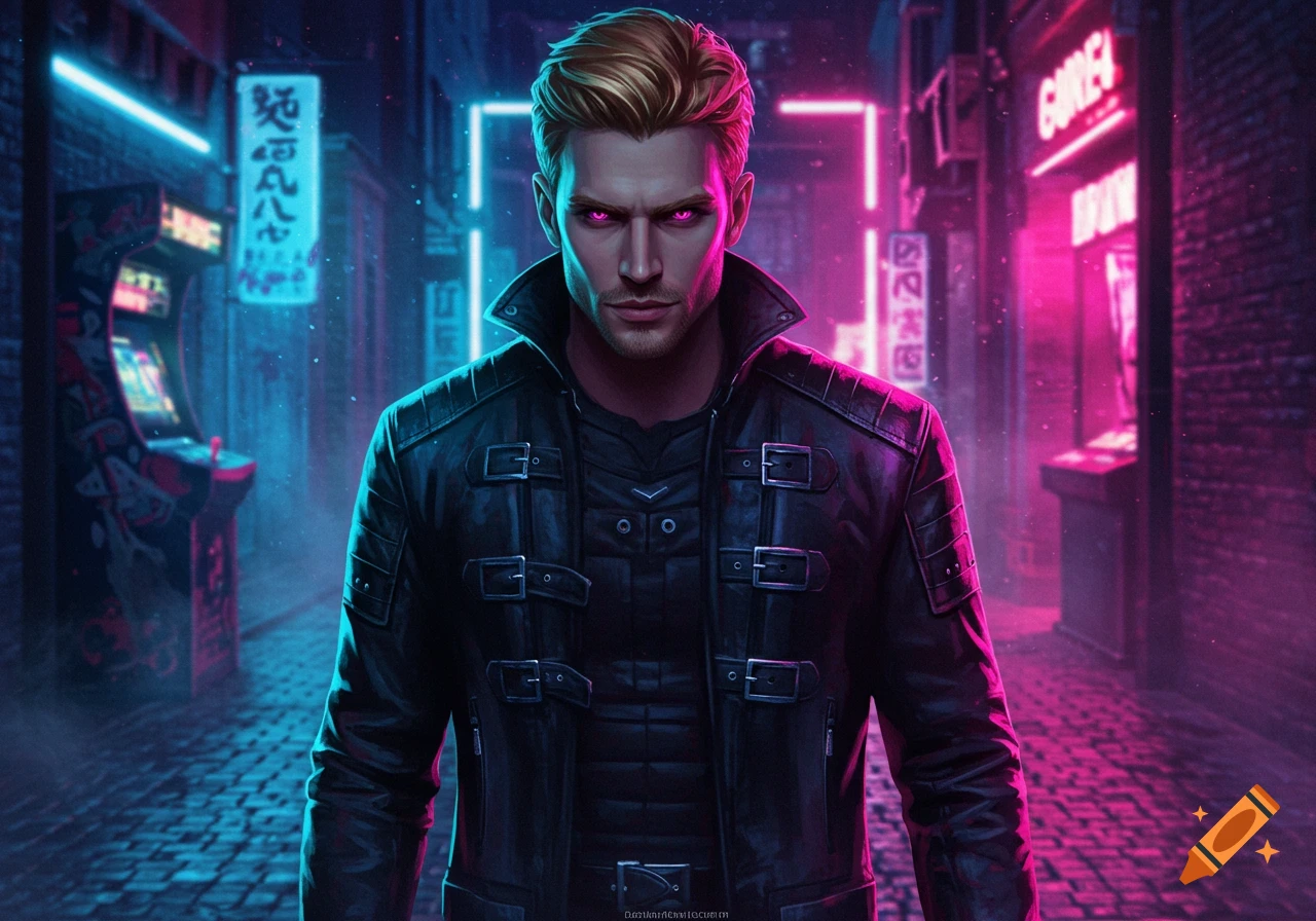 A man with glowing pink eyes and blonde hair in a black leather jacket stands in a neon-lit cyberpunk alley.