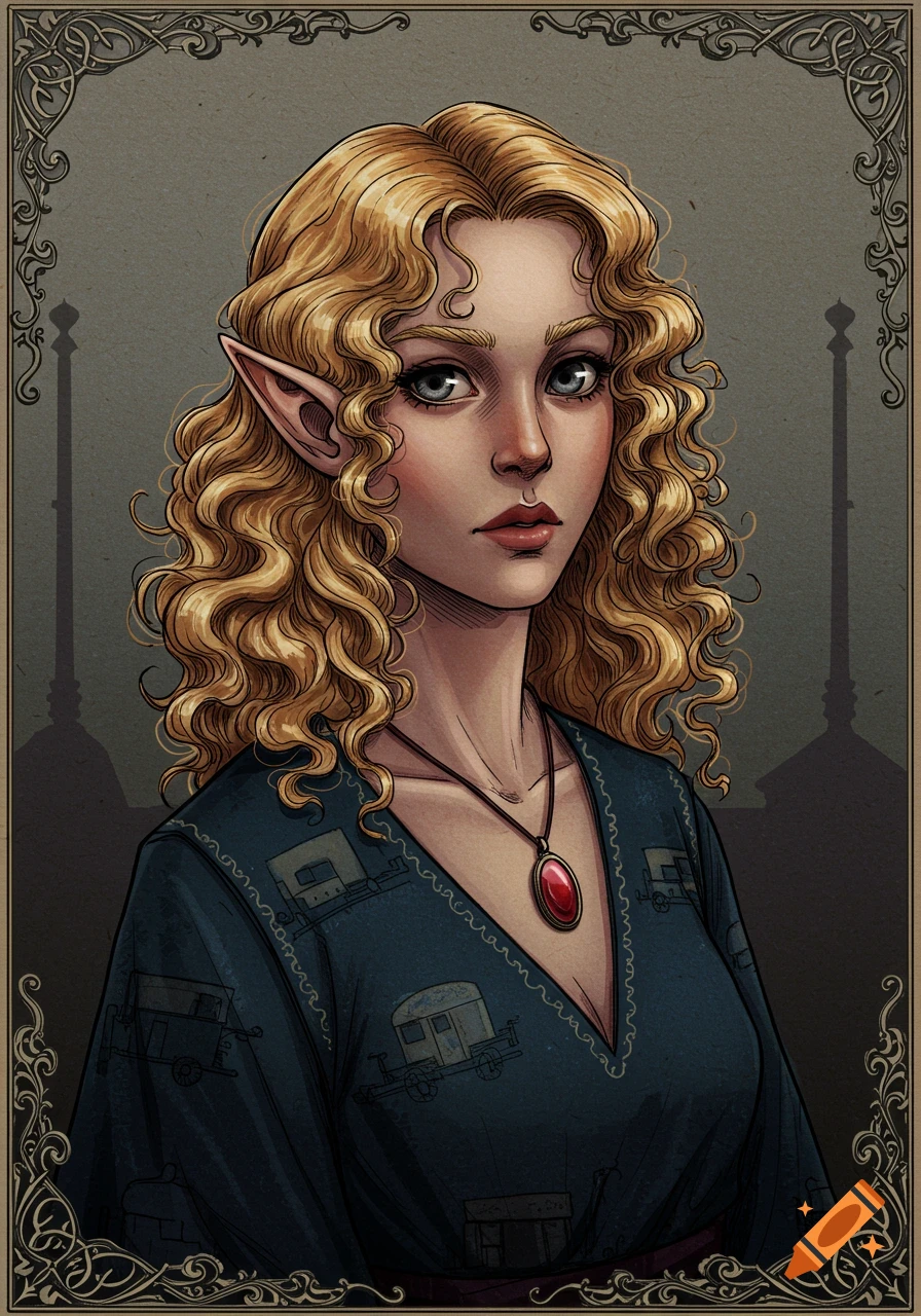A dark fantasy portrait illustration of a half-elven girl with curly golden blonde hair and pointed ears.