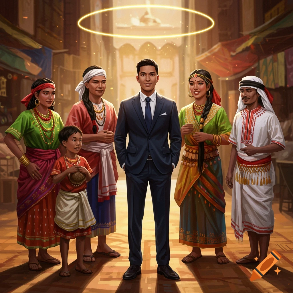 A man in a dark suit stands centrally, surrounded by five people in traditional South Asian-inspired attire and a child, on a sunlit market street.