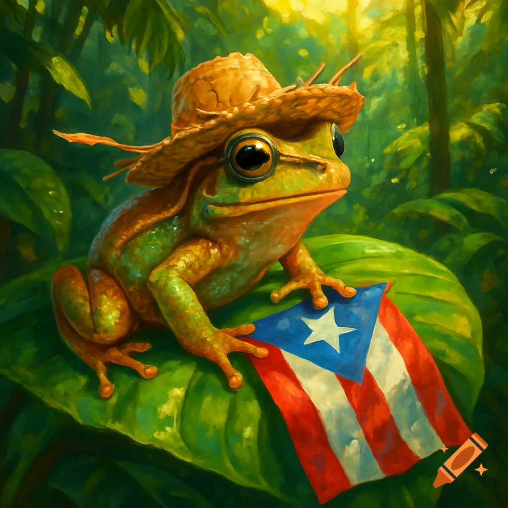 A vibrant green and orange frog wearing a straw hat sits on a large green leaf, holding a Puerto Rican flag in a lush jungle setting.