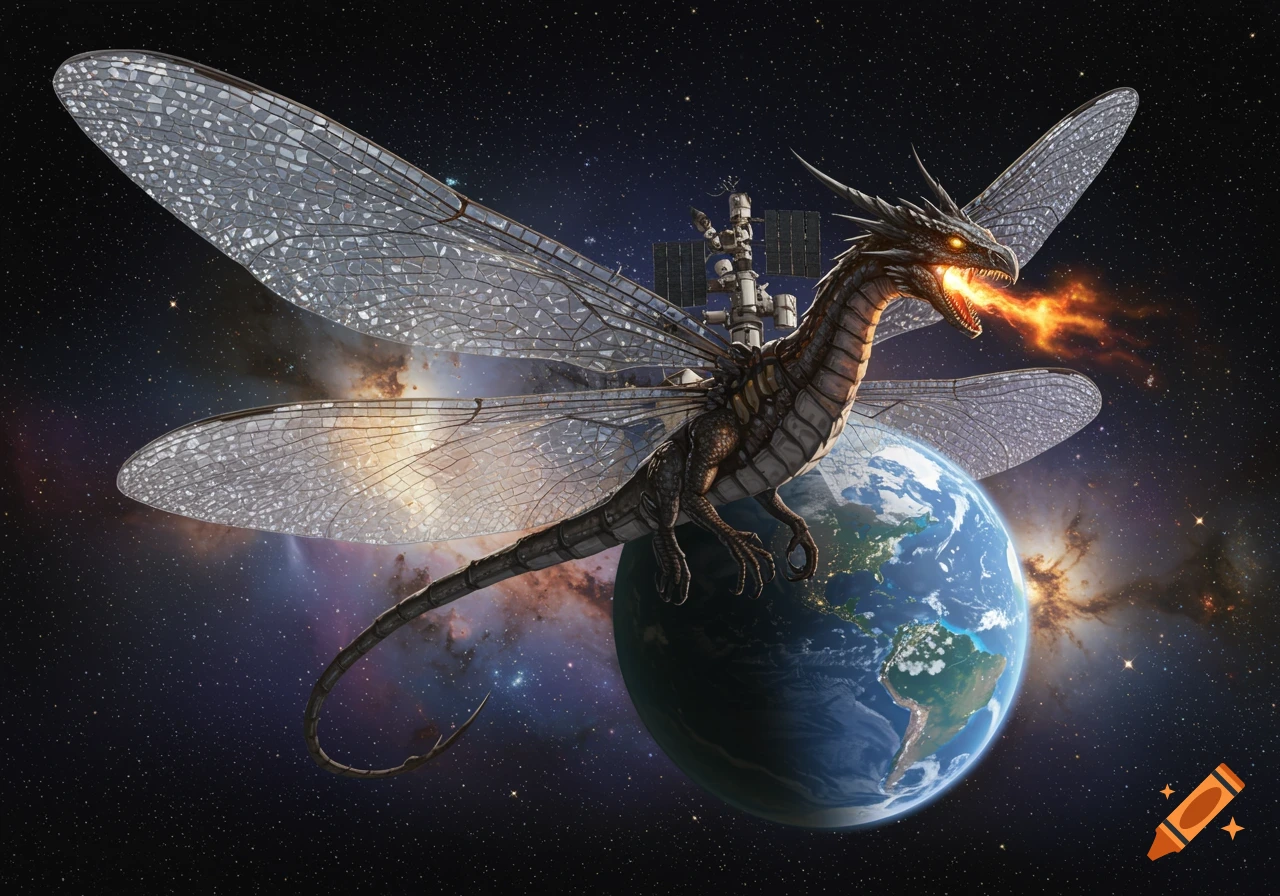 A detailed, photorealistic hybrid creature, part dragon and part dragonfly with an International Space Station on its back, hovers above Earth in outer space, breathing fire.