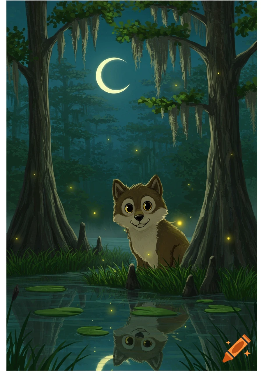 A cute cartoon wolf sits in a moonlit swamp with cypress trees and fireflies, reflected in the water.