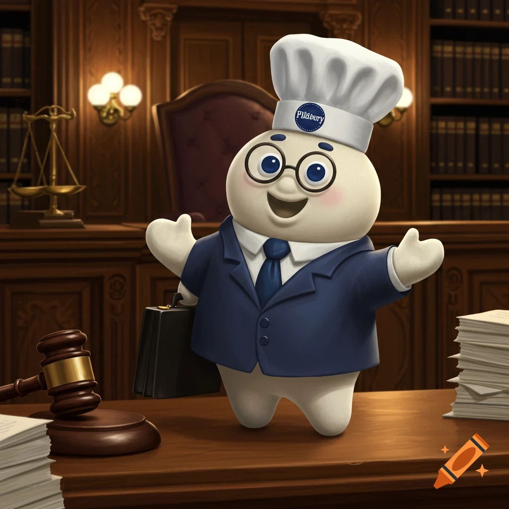 Pillsbury Dough Boy dressed as a trial attorney in a blue suit and chef's hat, standing in a courtroom next to a gavel and scales of justice.