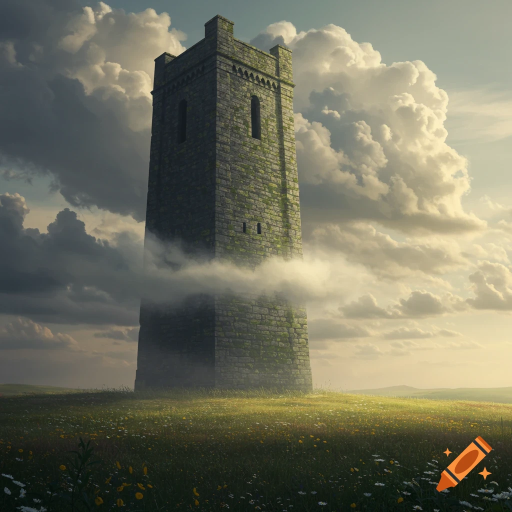 A tall, moss-covered stone tower is partially obscured by low clouds in a sunlit grassy field with wildflowers under a dramatic sky.