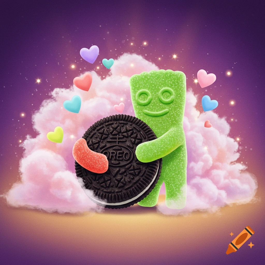 A green Sour Patch Kids character hugs an Oreo cookie, surrounded by colorful hearts and pink clouds under a starry purple sky.