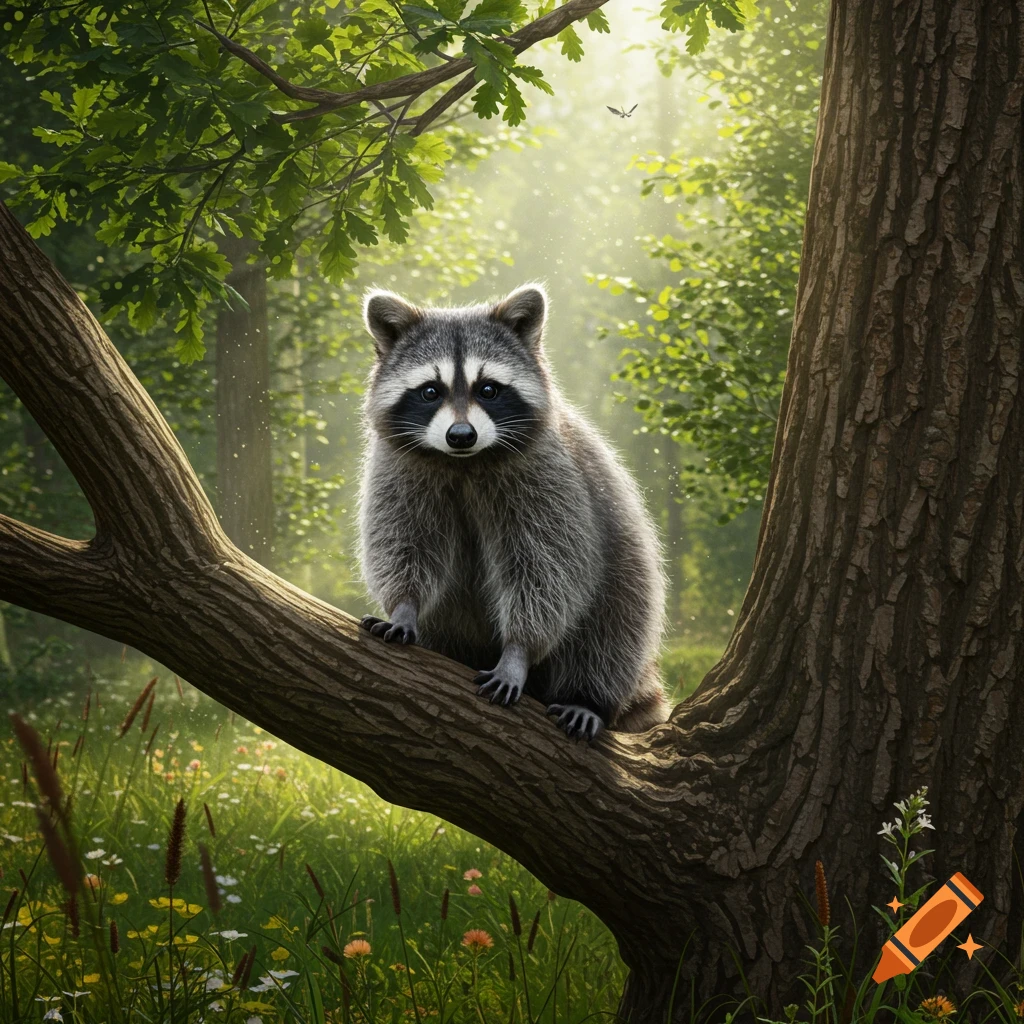A photorealistic raccoon sits on a tree branch in a sunlit forest, surrounded by green foliage and wildflowers.