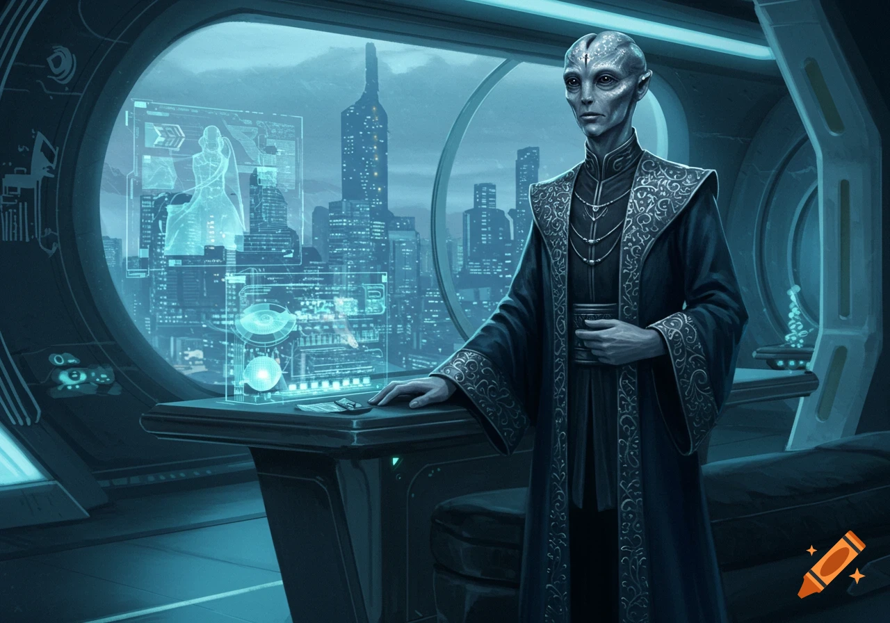 A grey alien in ornate robes stands at a holographic console overlooking a futuristic city.