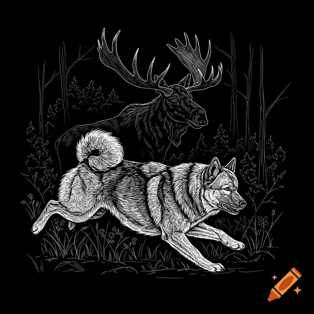 White line drawing of a Norwegian Elkhound dog running through a forest with a moose in the background.