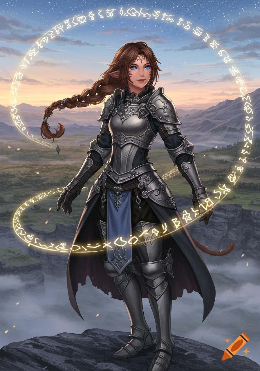 A brown-haired woman in silver fantasy armor with elf ears and a tail stands on a mountain, surrounded by glowing runes.