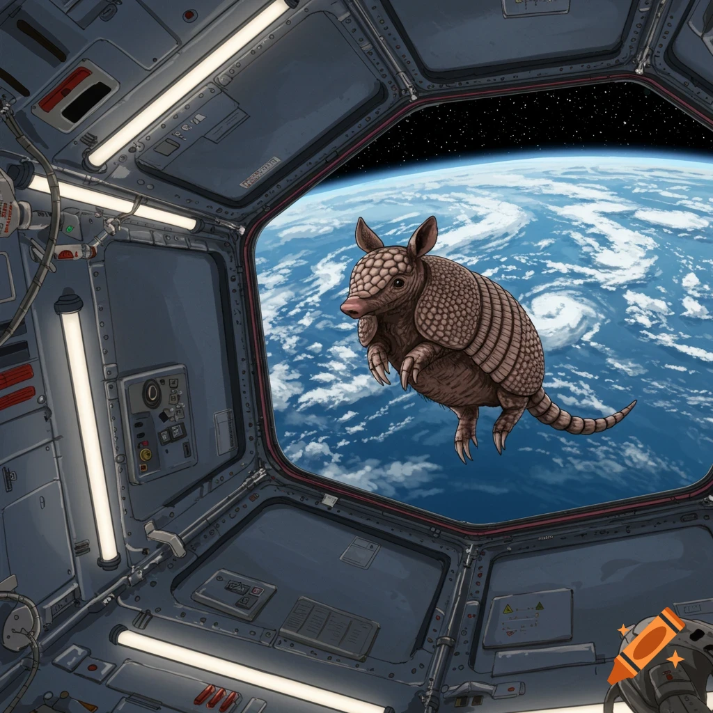 A stylized armadillo floats in space outside a spacecraft window, with the Earth's blue surface and white clouds visible in the background.
