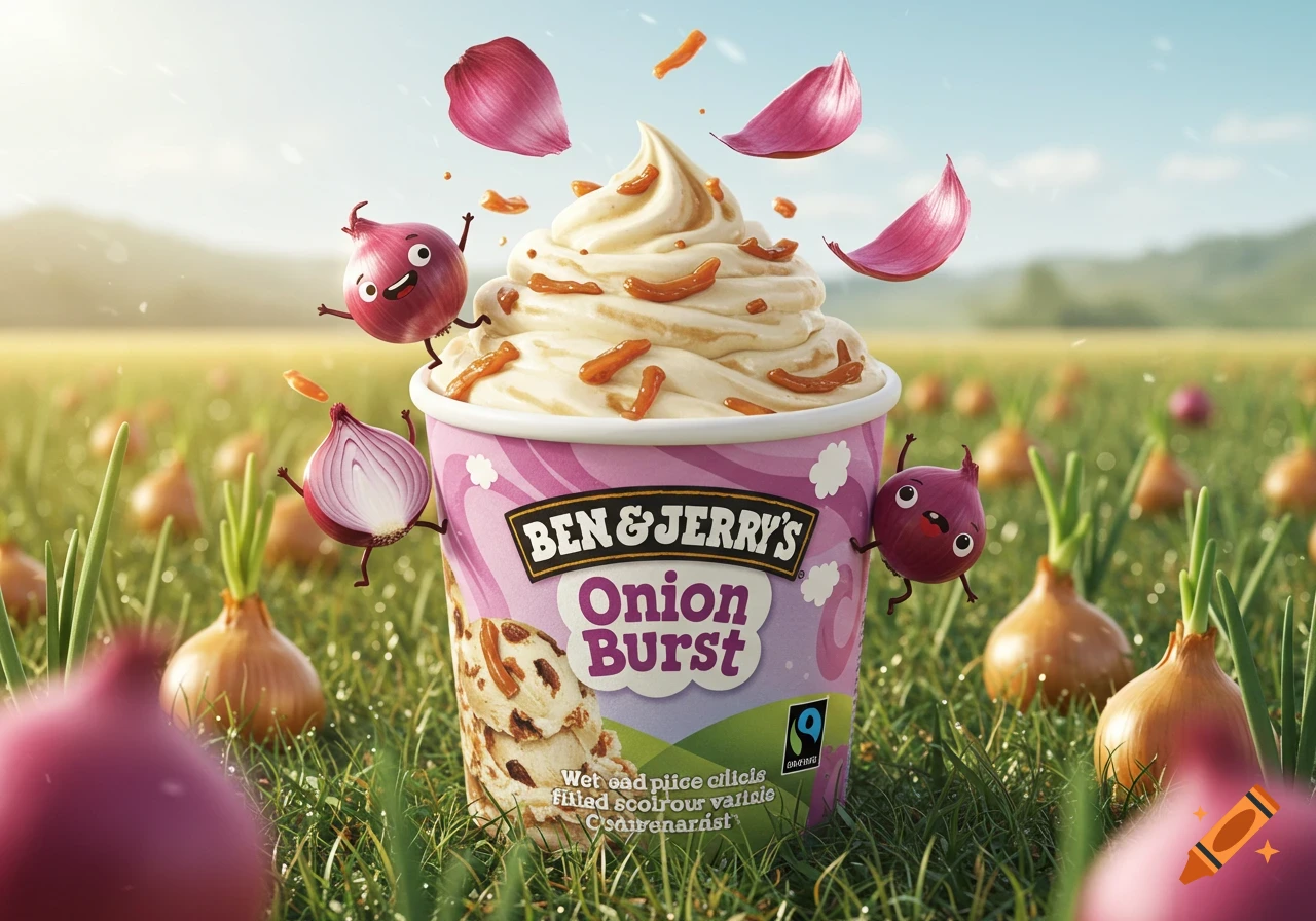 A photorealistic image of a Ben & Jerry's Onion Burst ice cream tub in a grassy field, with cartoon onions dancing around it.