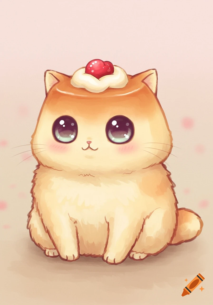 A cute, fluffy, chubby cat-pudding hybrid animal with big, shiny eyes and a cherry on its head, drawn in an anime style.