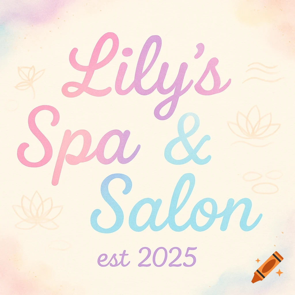 Pastel pink, purple, and blue sign for 'Lily's Spa & Salon est 2025' on a light background with watercolor texture and subtle spa-themed outlines.