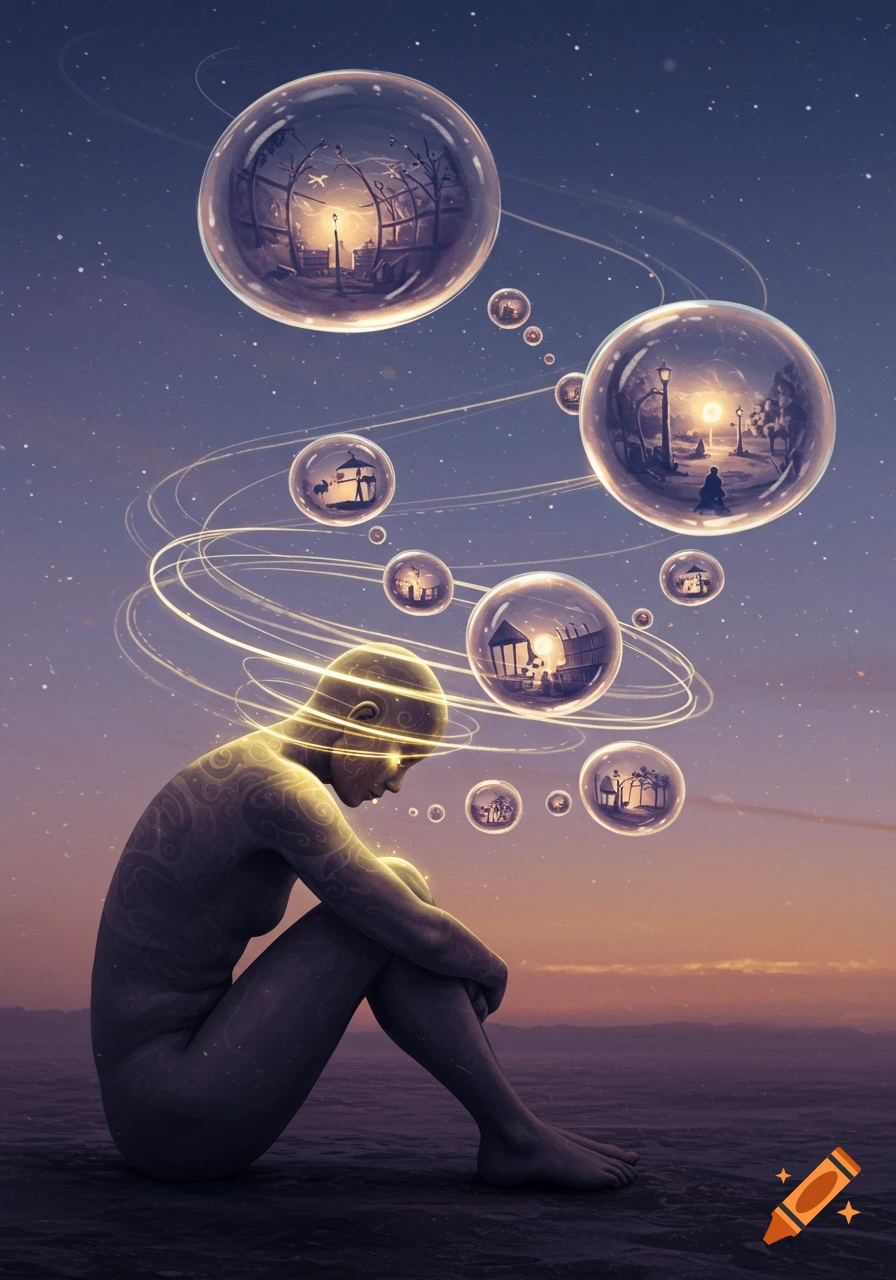 A contemplative, glowing figure sits under a starry sky, surrounded by glowing bubbles reflecting everyday scenes, in a fantasy digital art style.