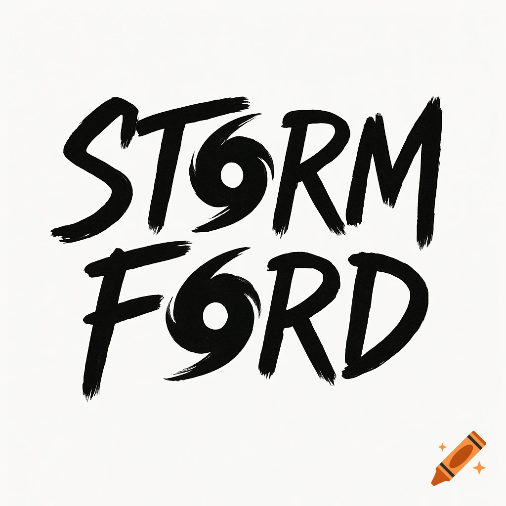 Black brush stroke text reading 'STORM FORD' with hurricane symbols replacing the 'o's on a white background.