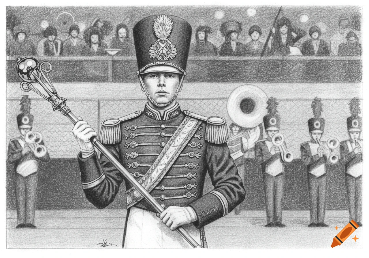 A detailed pencil drawing of a drum major in uniform holding a mace, with a marching band and audience in the background.