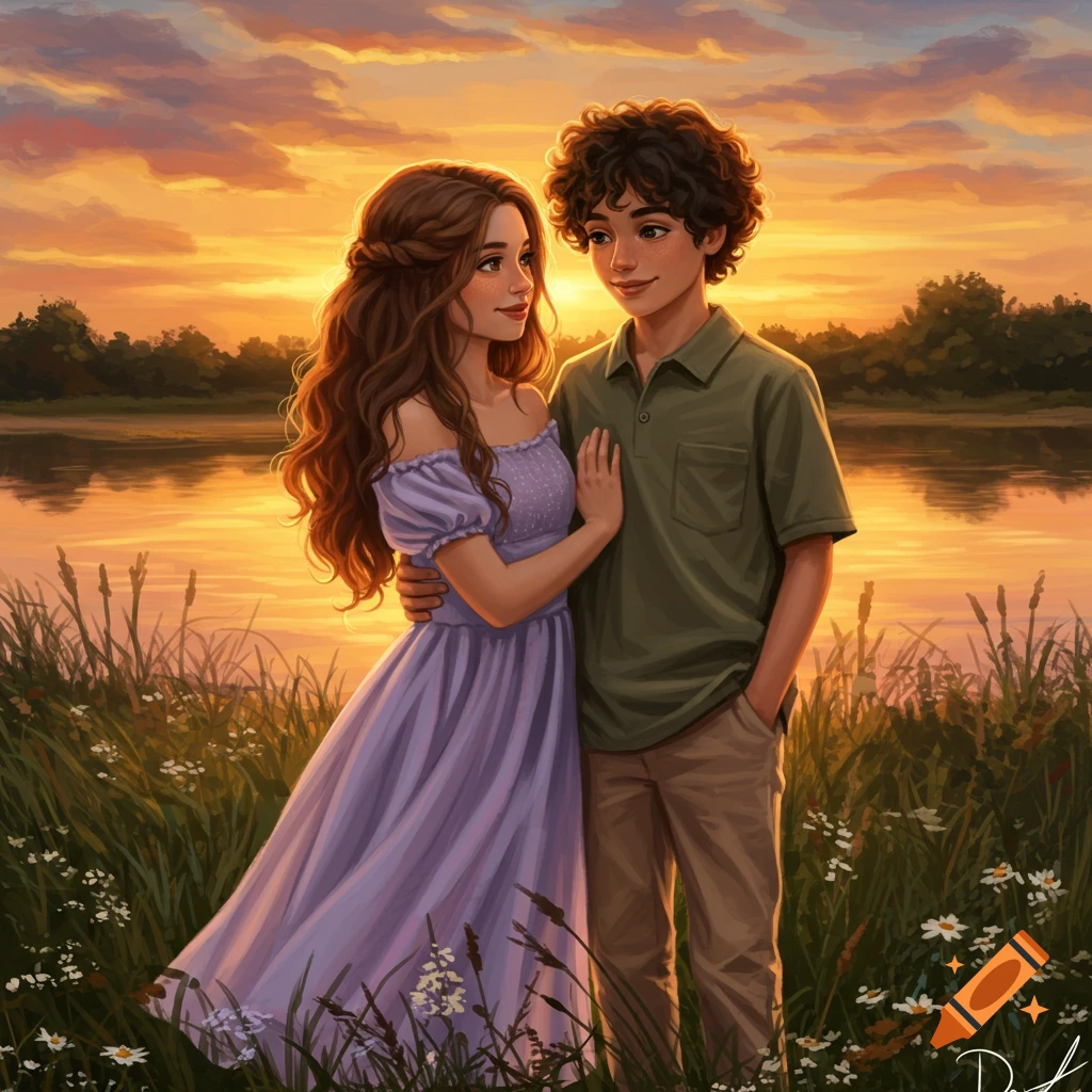 An illustrated young couple stands embrace by a lake at sunset, surrounded by tall grass and wildflowers.