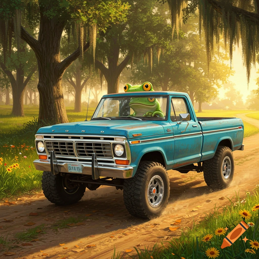 A large green frog with big yellow eyes drives a blue vintage pickup truck down a dirt road in a sunny, mossy forest.