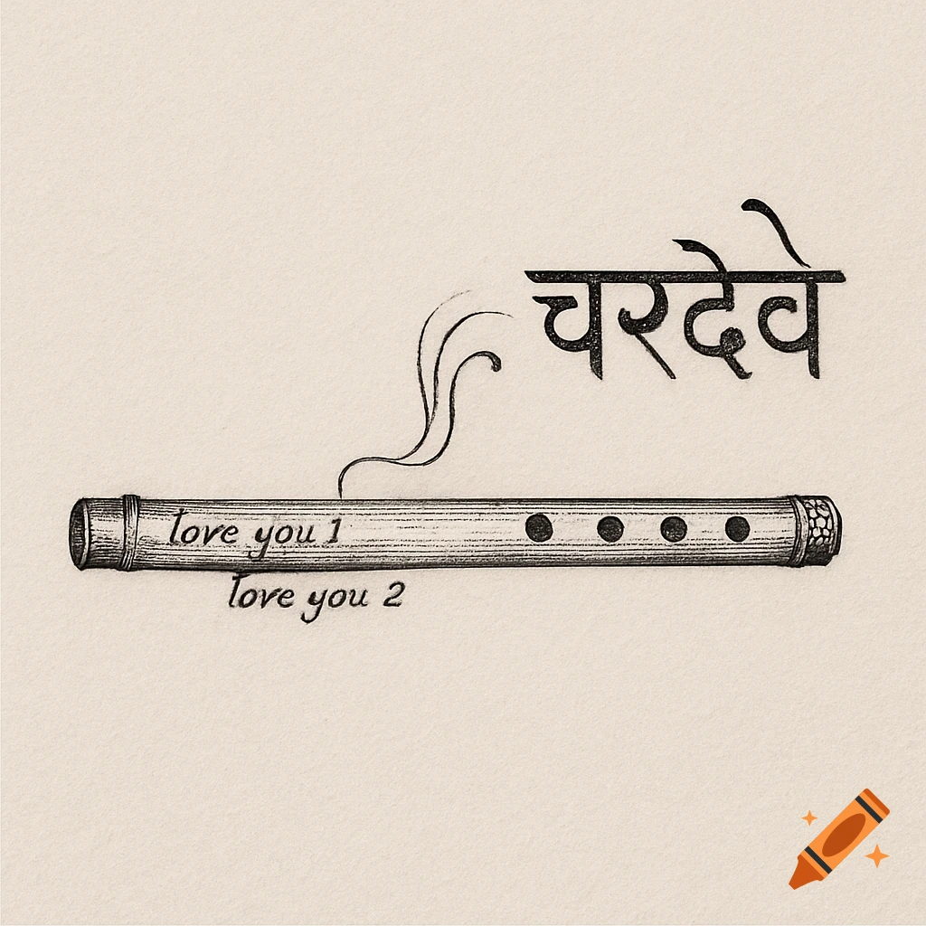 A detailed black and white line illustration of a bansuri flute with text 'love you 1, love you 2' and 'चरदेवे' above it.