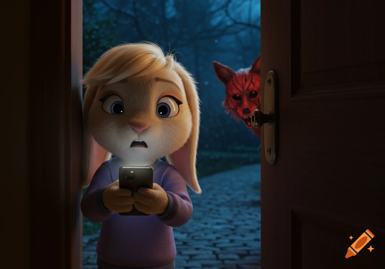 A scared cartoon bunny holds a glowing phone while a creepy red fox with glowing eyes peeks from behind a door.