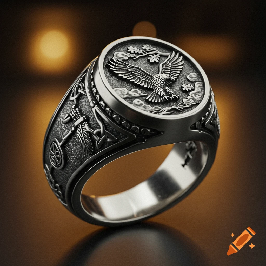 Detailed silver signet ring with an embossed eagle, clouds, and oak leaves on its face, and intricate symbols on the band.