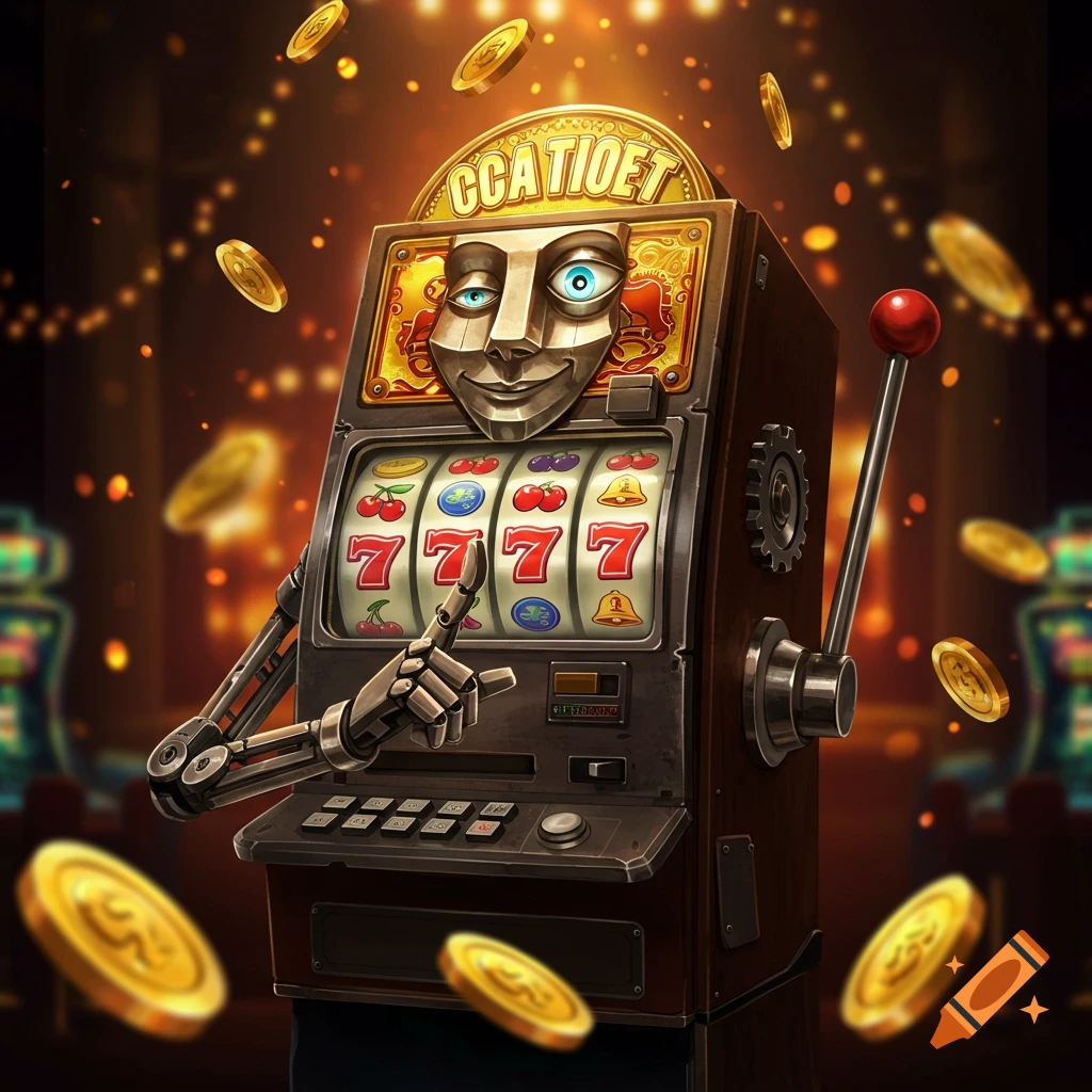 A stylized robot-faced slot machine with mechanical arms pointing, surrounded by golden coins in a dimly lit casino.