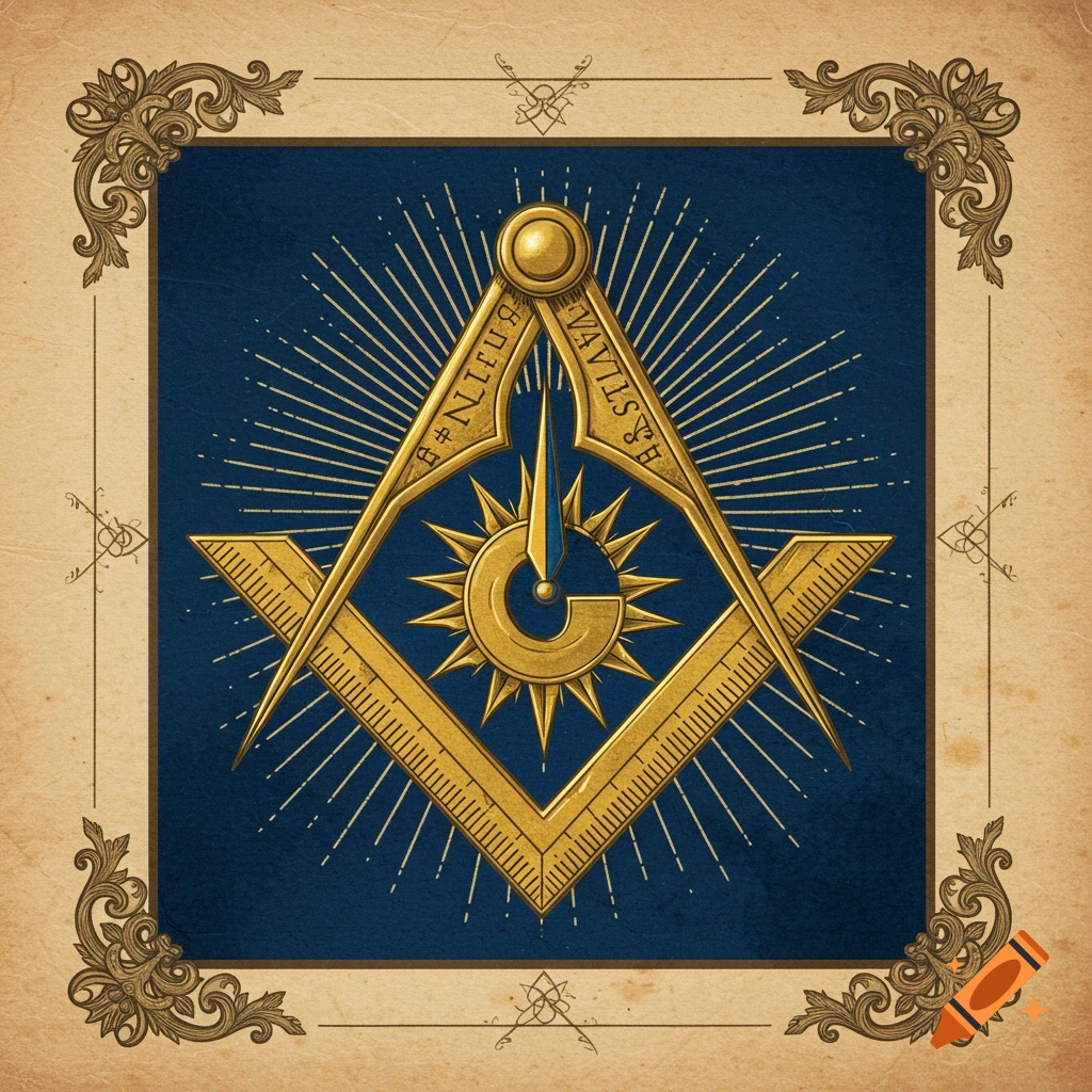 A gold Masonic compass and square symbol with a 'G' in the center, set against a deep blue background with ornate gold borders in a vintage style.